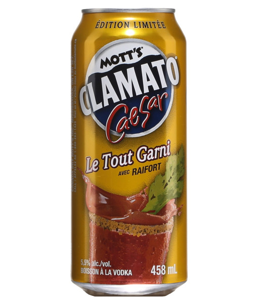 Mott's Clamato Caesar Le Tout Garni<br>Cooler au spiritueux  | 458ml | États-Unis