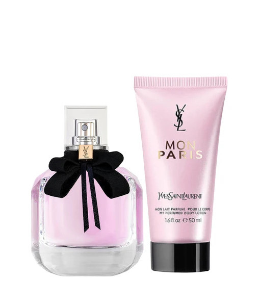 Yves Saint Laurent<br>Coffret-cadeau Mon Paris<br>Eau de Parfum<br>50 ml / 1.6 fl. oz.<br>+ Mon Lait parfumé pour le corps<br>50 ml / 1.6 fl. oz.