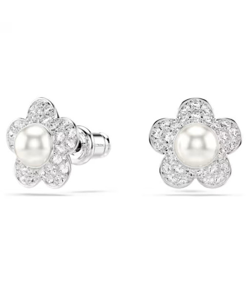 Swarovski<br>Clous d'oreilles Ariana Grande<br>Perle de cristal, Taille ronde, Fleur, Blanches, Métal rhodié