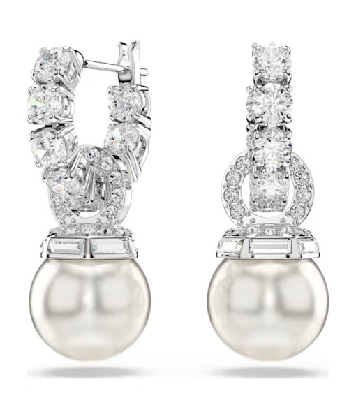 Swarovski<br>Pendants d'oreilles Matrix<br>Perle de cristal, Taille ronde, Blanches, Métal rhodié