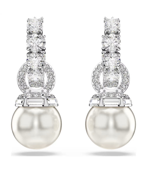Swarovski<br>Pendants d'oreilles Matrix<br>Perle de cristal, Taille ronde, Blanches, Métal rhodié