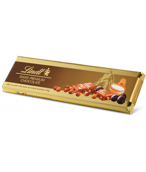 Barre de chocolat au lait Lindt avec raisins secs et noisettes entières 300 g